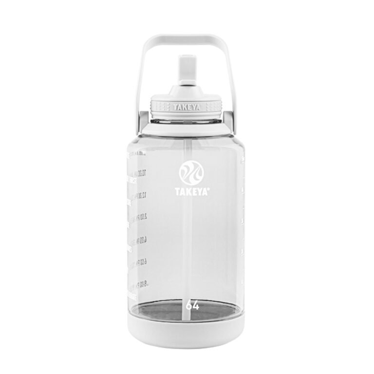 Clear Takeya water bottle with white handle, lid, and straw