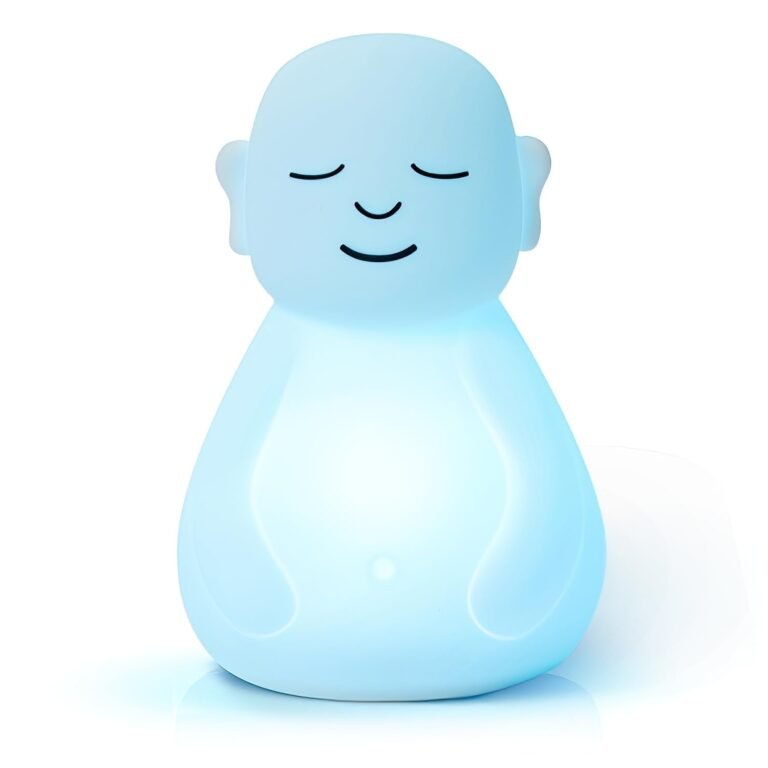 Blue, glowing Buddha-shaped night light with closed eyes and a peaceful expression