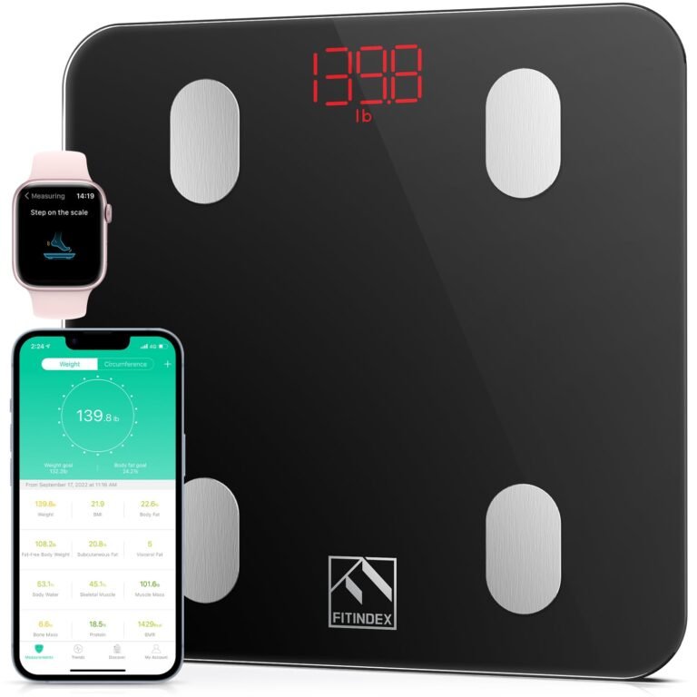 Black smart scale with weight displayed, phone and smartwatch showing data