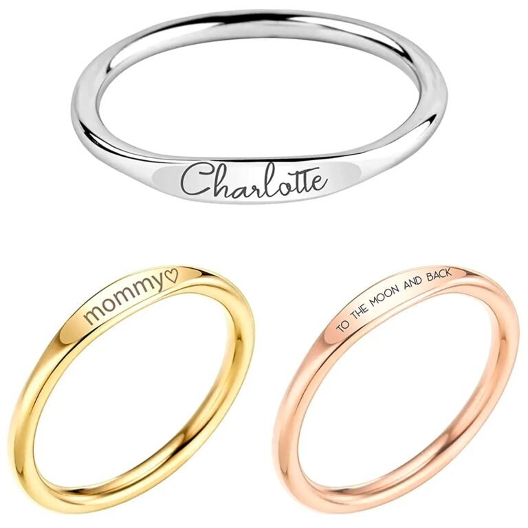 Three engraved rings: "Charlotte", "mommy", and "To the Moon and Back"