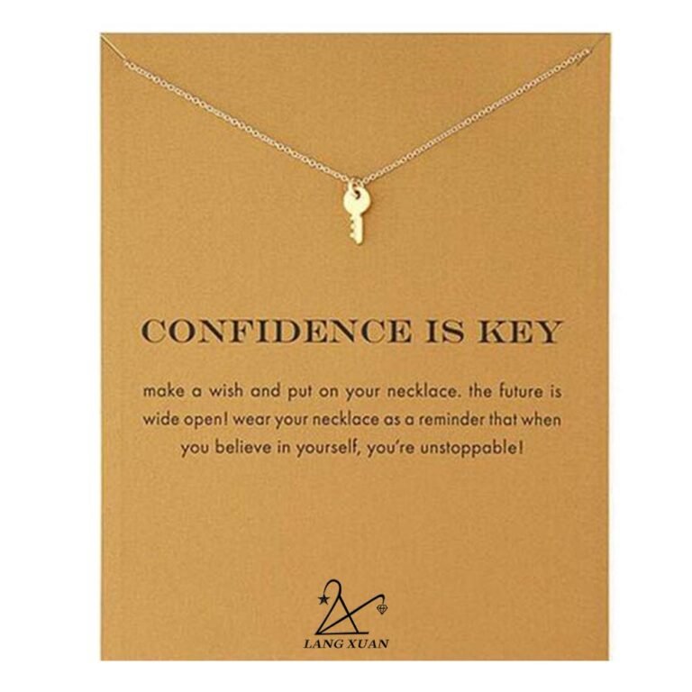 Gold key necklace on a card with the words "Confidence is Key"