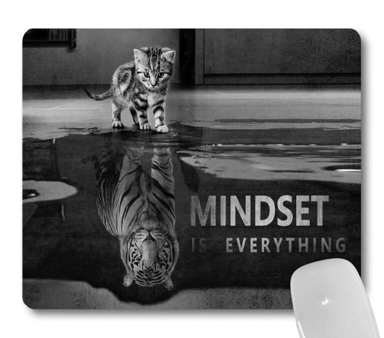 A kitten sees its reflection as a tiger, with the text "Mindset is Everything."