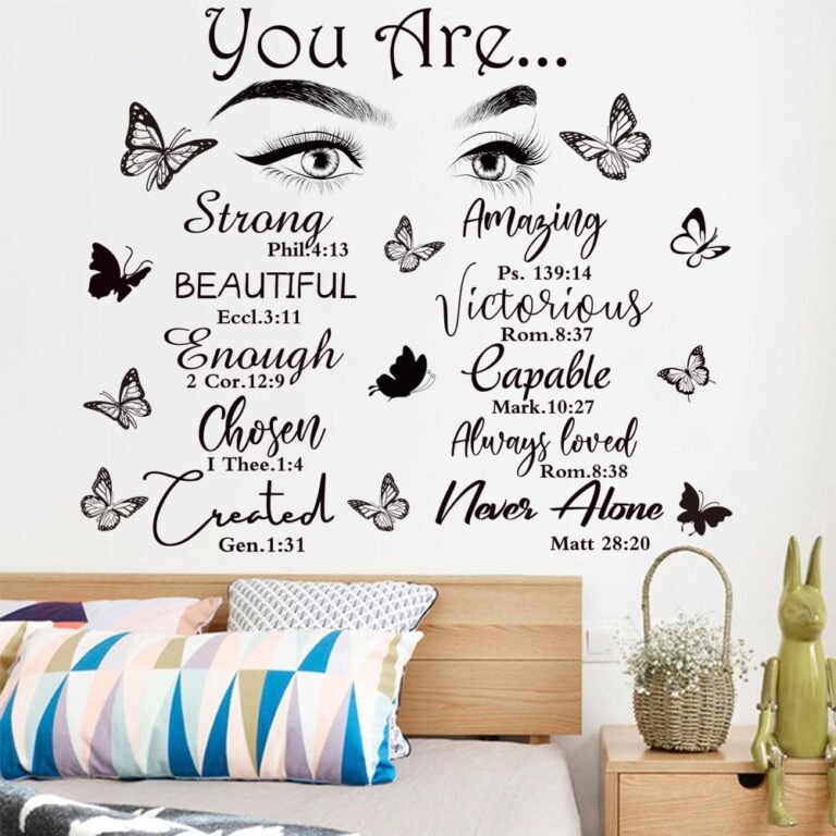Wall decal with inspirational words, eyes, and butterflies above a bed