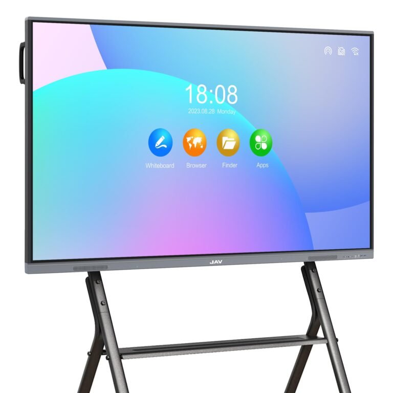 Interactive whiteboard on a stand, displaying time and app icons on screen