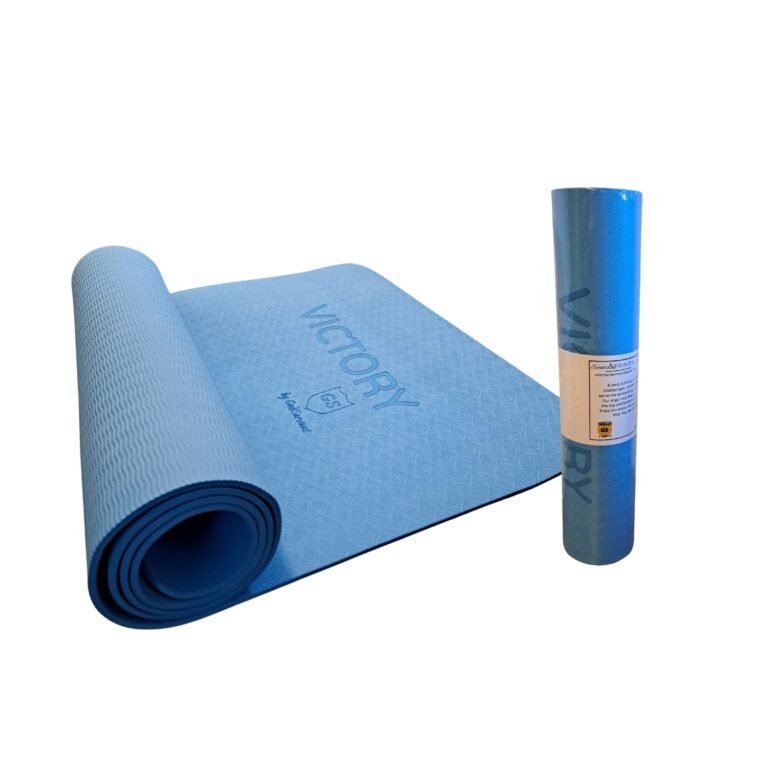 Blue "Victory" yoga mat, partially unrolled, with a rolled-up matching mat