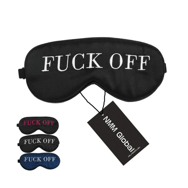 Black sleep mask with "FUCK OFF" embroidered, and three smaller masks
