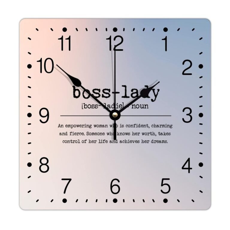 Square clock with "boss-lady" definition and hands at 10:06