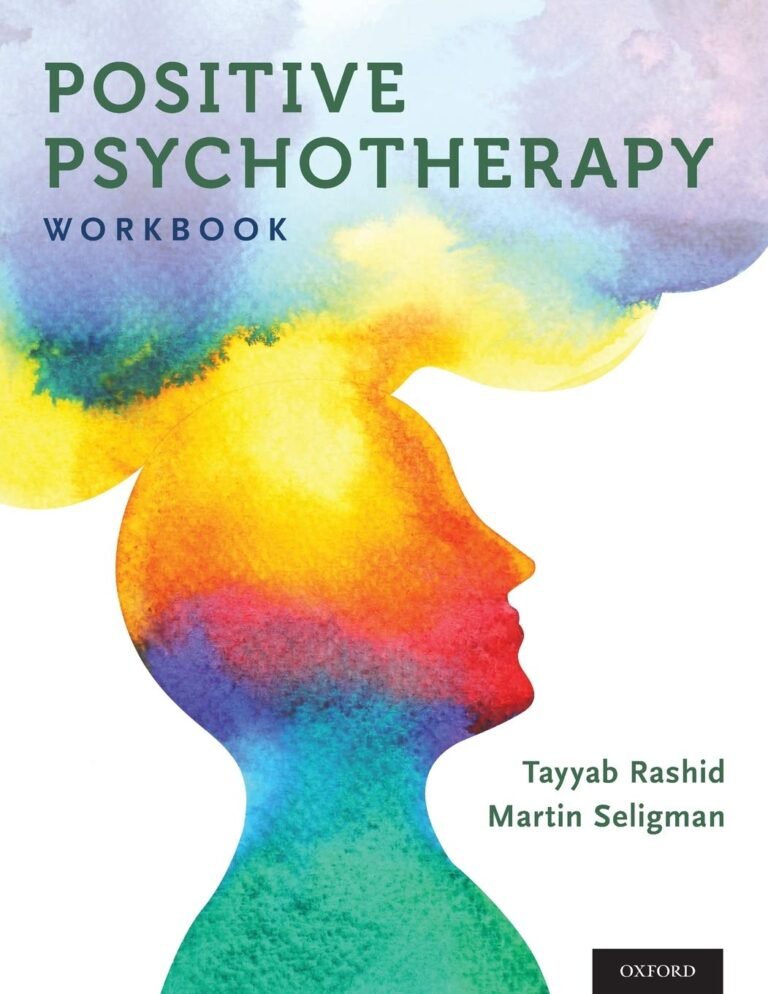 Book cover: "Positive Psychotherapy Workbook" with colorful silhouette of a head