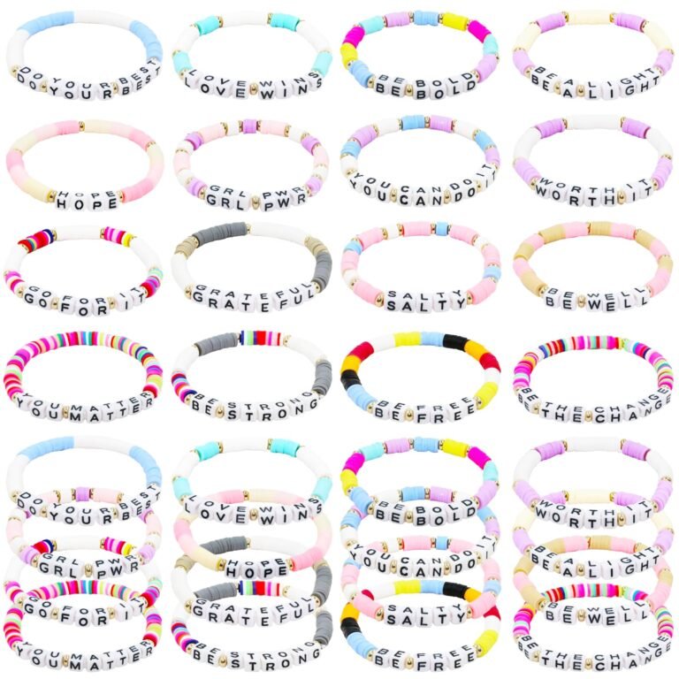 Colorful beaded bracelets with positive affirmations like "Be Bold" and "Grateful."