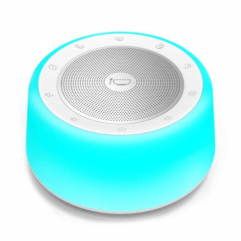 White sound machine with blue glow and control icons on top