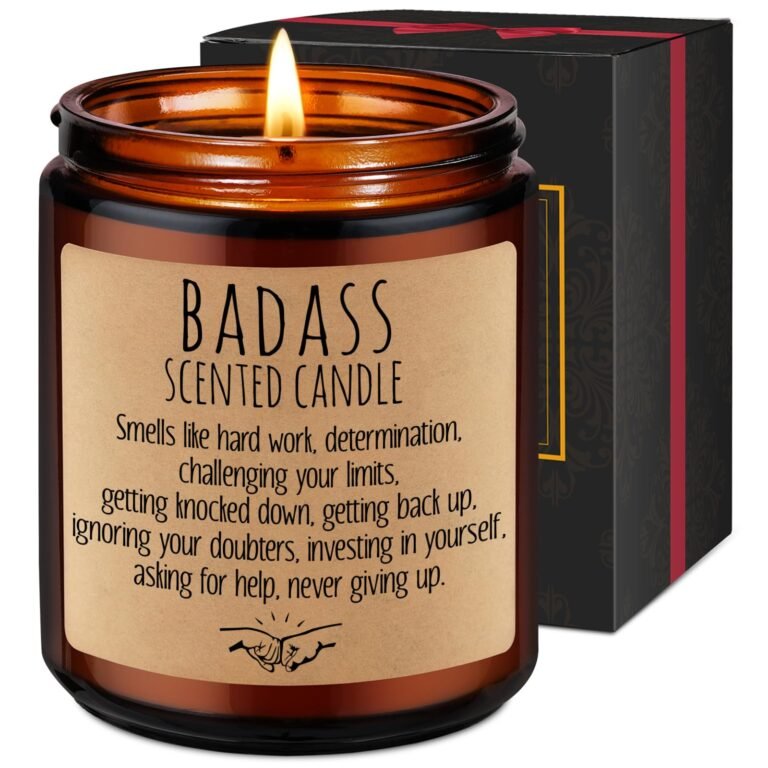 Lit "Badass" scented candle with gift box, brown jar, and motivational text