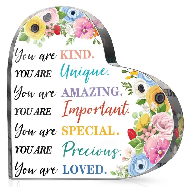 Heart-shaped plaque with floral design and positive affirmations written in script