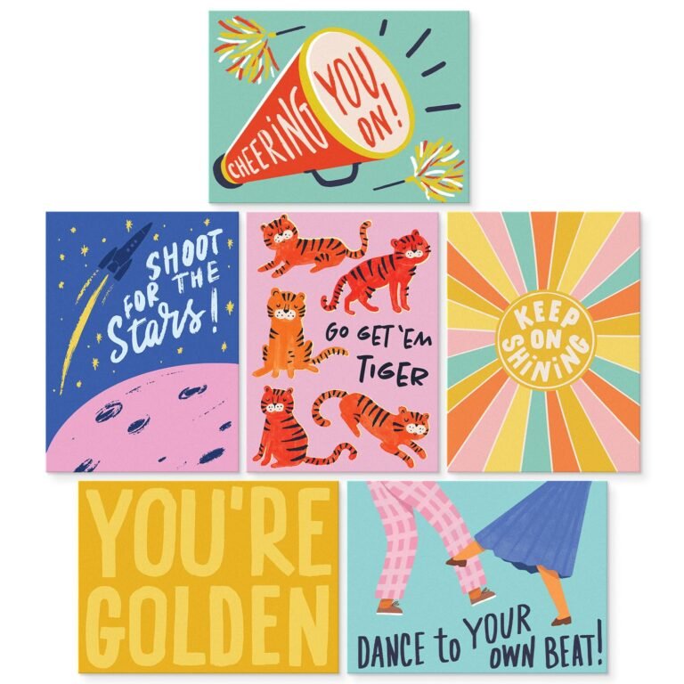 Collection of colorful, inspirational cards with encouraging phrases and illustrations