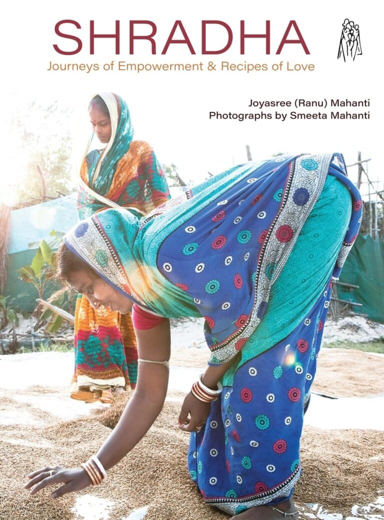 Book cover: Woman in sari leaning over grain, another woman in background