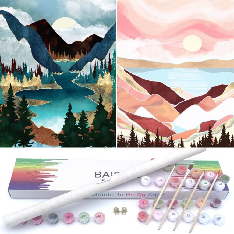 Paint-by-number kit with two abstract landscape paintings, paint pots, and brushes