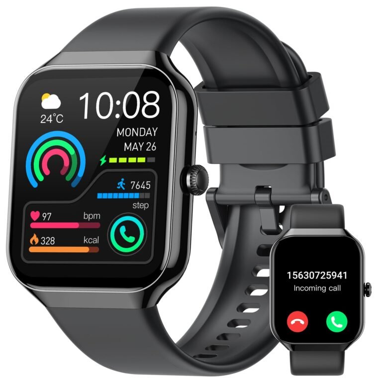 Black smartwatch displaying time, health data, and an incoming call notification