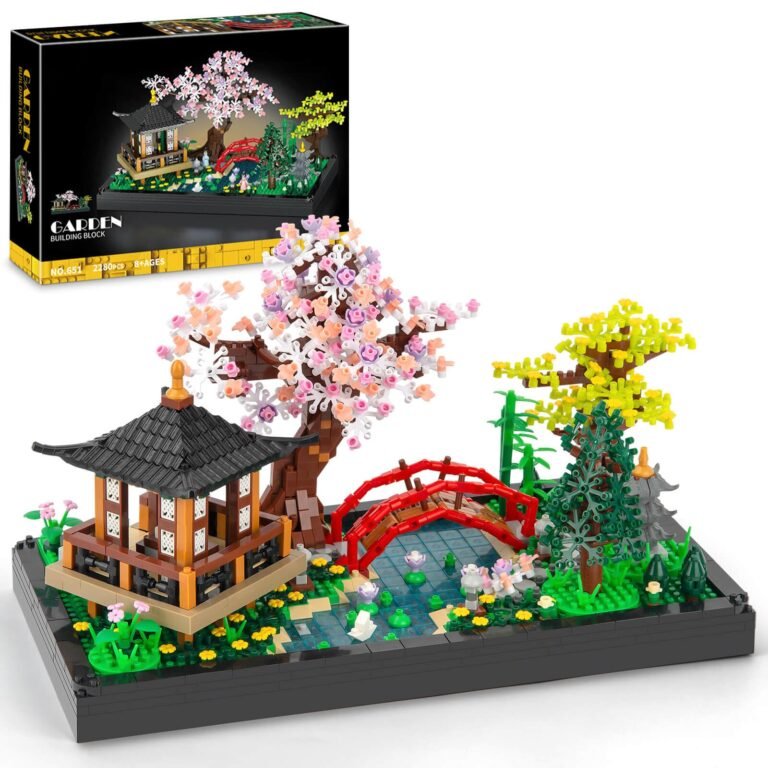 Lego garden building block set with pagoda, cherry blossom tree, and bridge