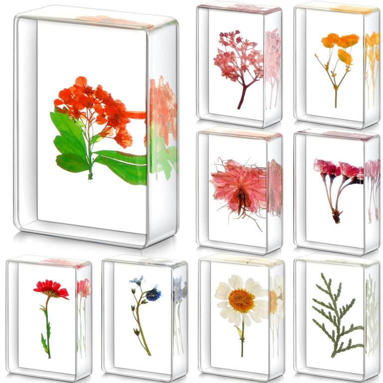 Pressed flowers encased in clear resin blocks, various colors and types