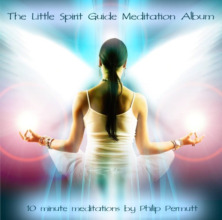 Woman meditating with glowing orbs, angel wings, and album title