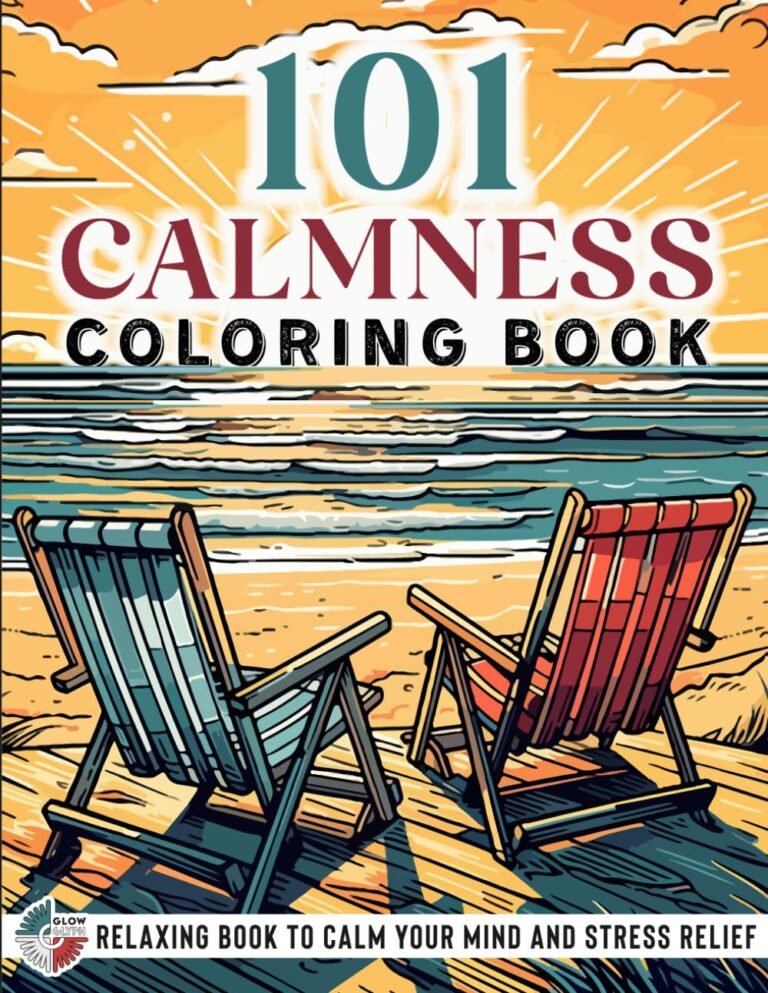 Cover art for a coloring book, "101 Calmness," with beach chairs and ocean