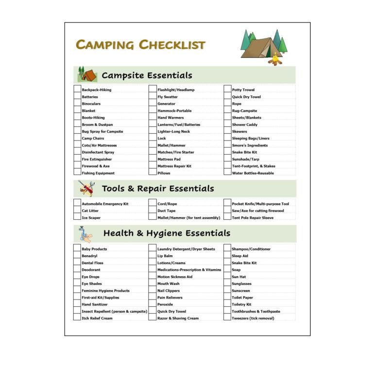 Camping checklist with three sections: Campsite Essentials, Tools & Repair, and Health & Hygiene