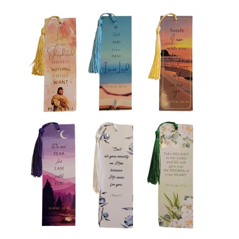 Six religious bookmarks with tassels, each featuring a Bible verse and design