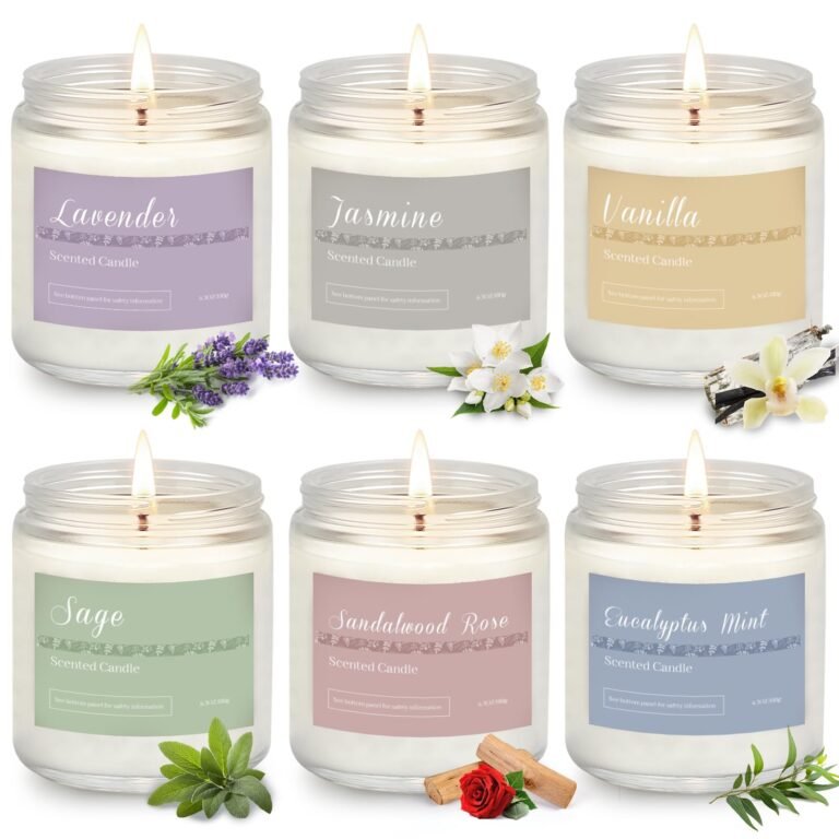 Six lit scented candles with different scents and accompanying botanicals