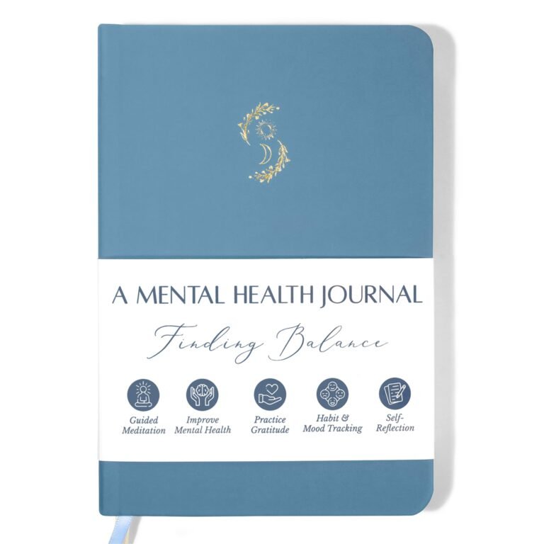 Blue mental health journal with gold accents and "Finding Balance" title