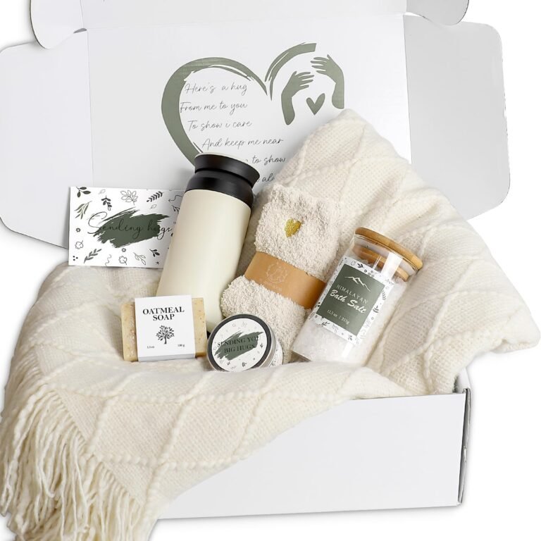 Gift box with blanket, bath salts, soap, and a tumbler