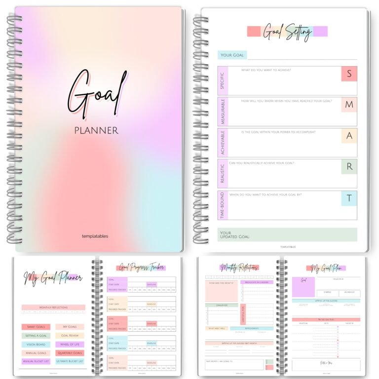 Goal planner notebook with various pages for goal setting and tracking