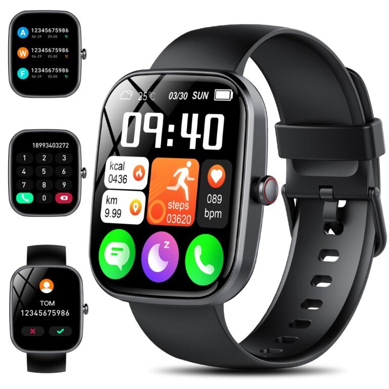 Black smartwatch with various screens displaying time, health metrics, and phone calls