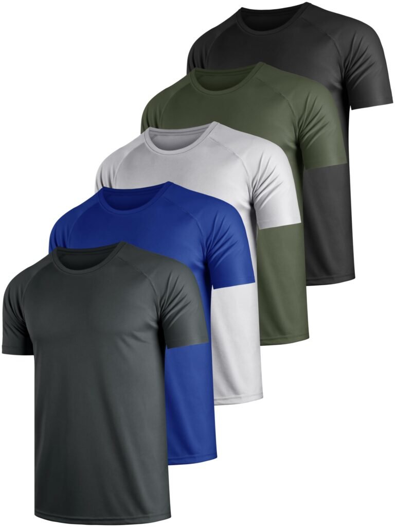 Five athletic t-shirts in different colors, arranged in a diagonal row