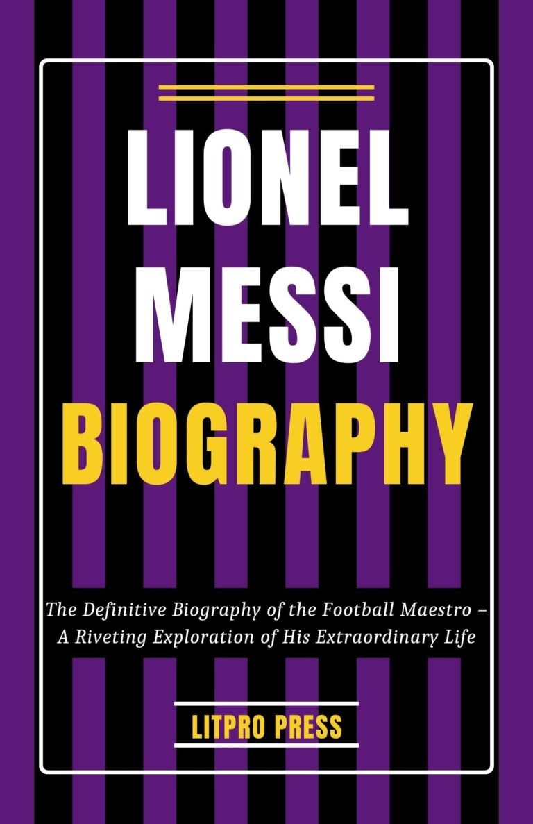 Book cover: "Lionel Messi Biography" with purple, black, and yellow stripes