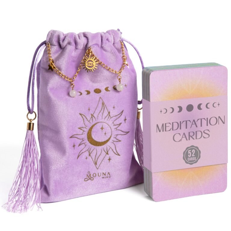 Purple velvet bag and meditation cards with celestial design