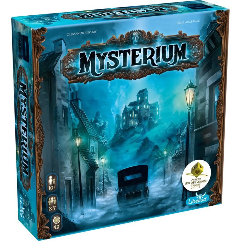 Mysterium board game box with a spooky, foggy street and a haunted house