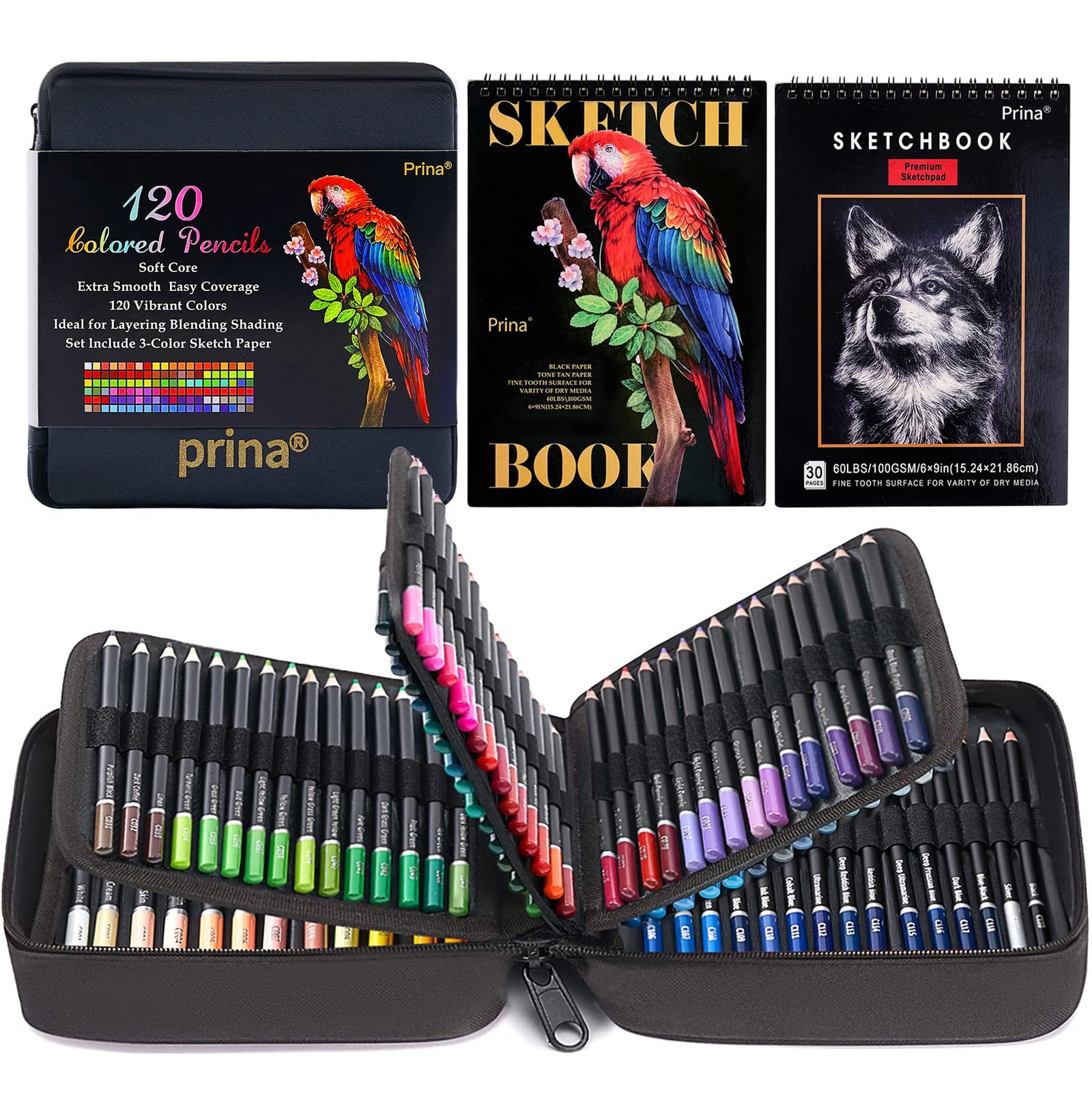 Colored pencil set, sketchbooks, and open case with pencils displayed