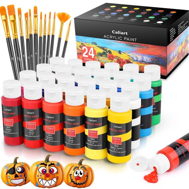 Acrylic paint set with brushes, pumpkins, and paint tubes
