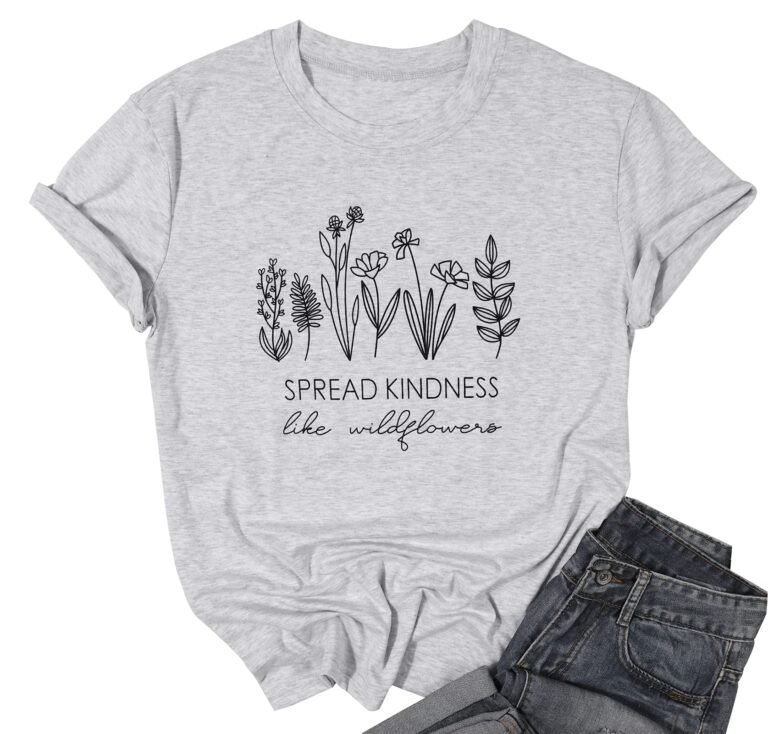Gray t-shirt with "Spread Kindness" text and wildflower graphic, jeans