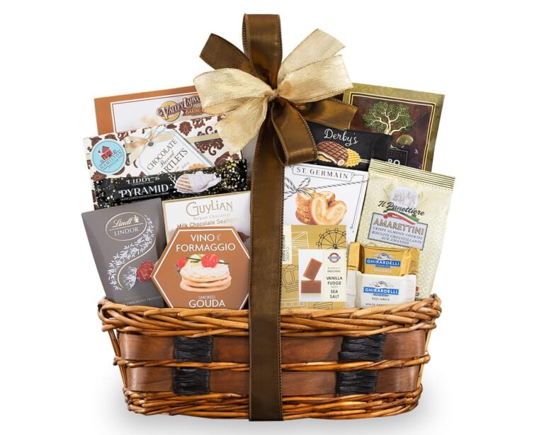 Gift basket filled with chocolates, cookies, and other gourmet treats, tied with a bow