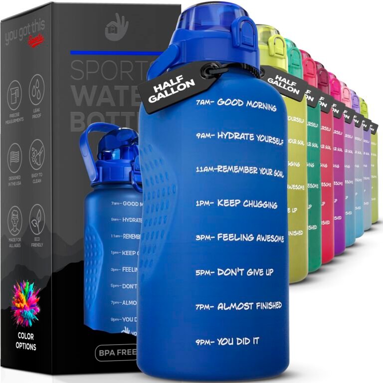 Half-gallon water bottles in various colors with hydration reminders on them