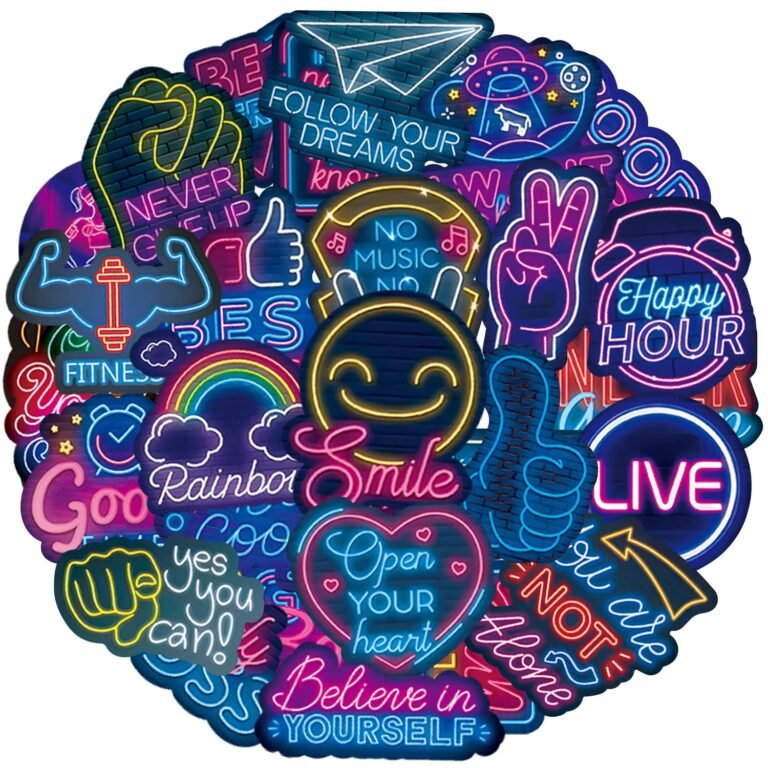 Neon-style stickers with motivational phrases and positive symbols, arranged in a circle