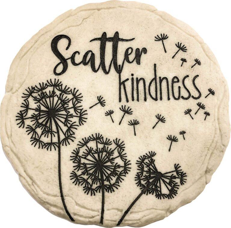 Round stone with "Scatter kindness" and dandelion illustrations