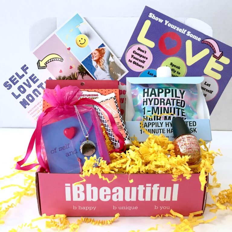 Pink "iBbeautiful" gift box with self-care items, including nail polish and cards