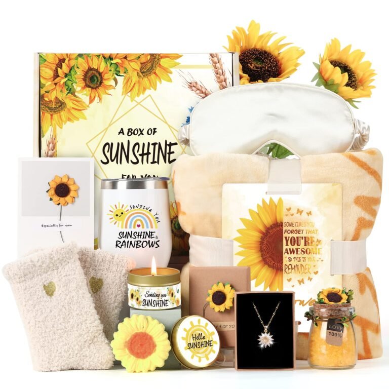 Box of sunshine gift set with sunflowers, blanket, candle, and other items."
