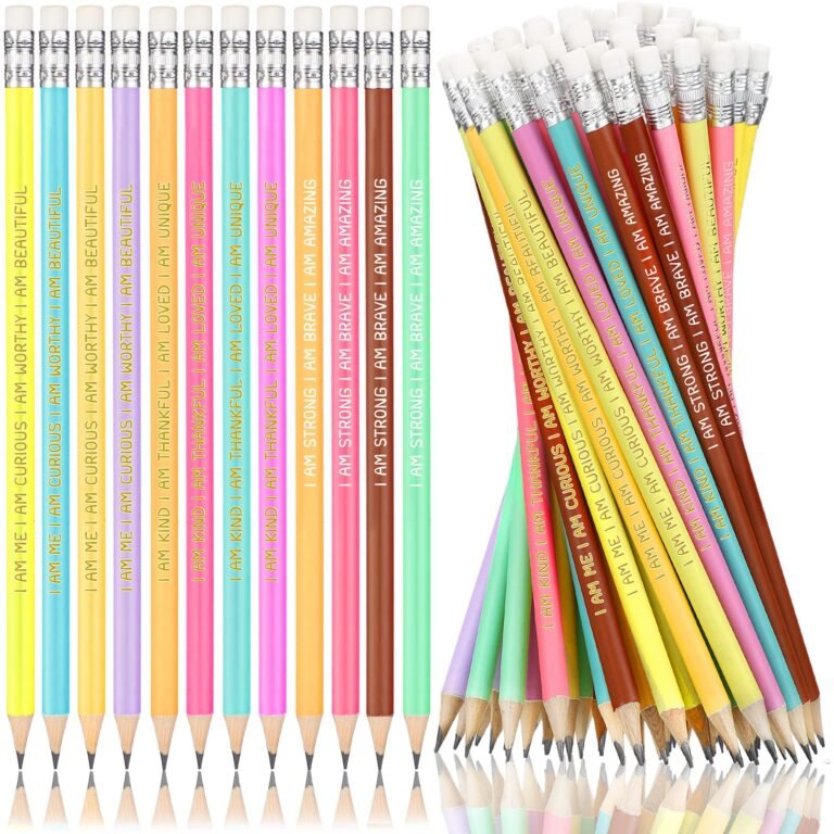 Colorful pencils with positive affirmations written on them, grouped together