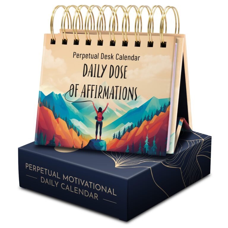 Perpetual desk calendar with "Daily Dose of Affirmations" and mountain scene