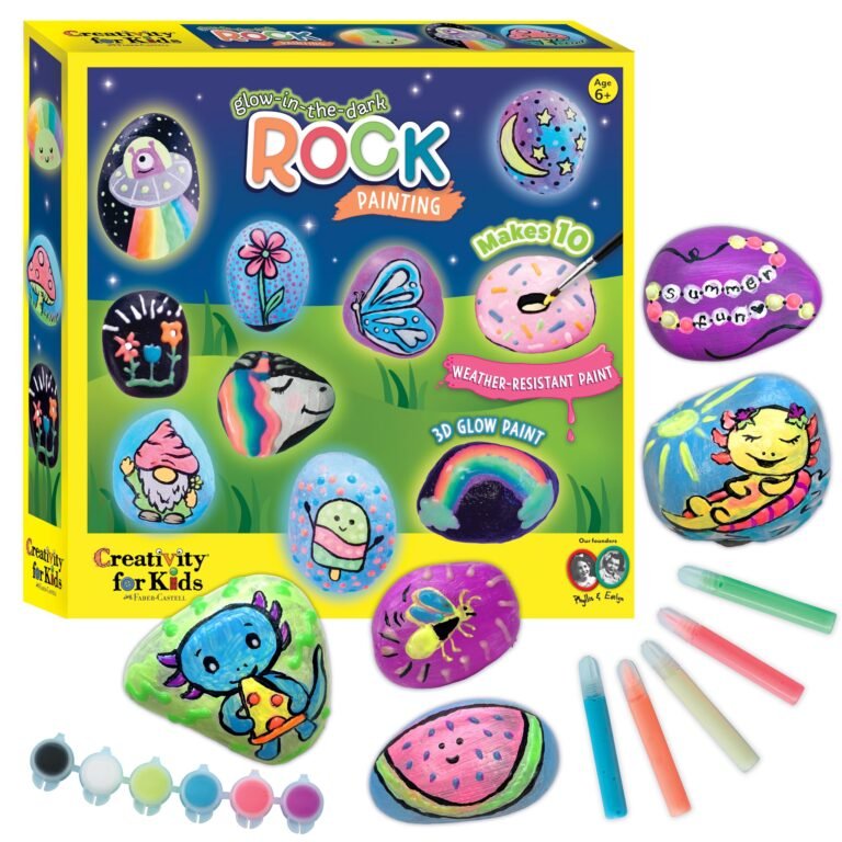 Rock painting kit with glow-in-the-dark paint, decorated rocks, and paint supplies