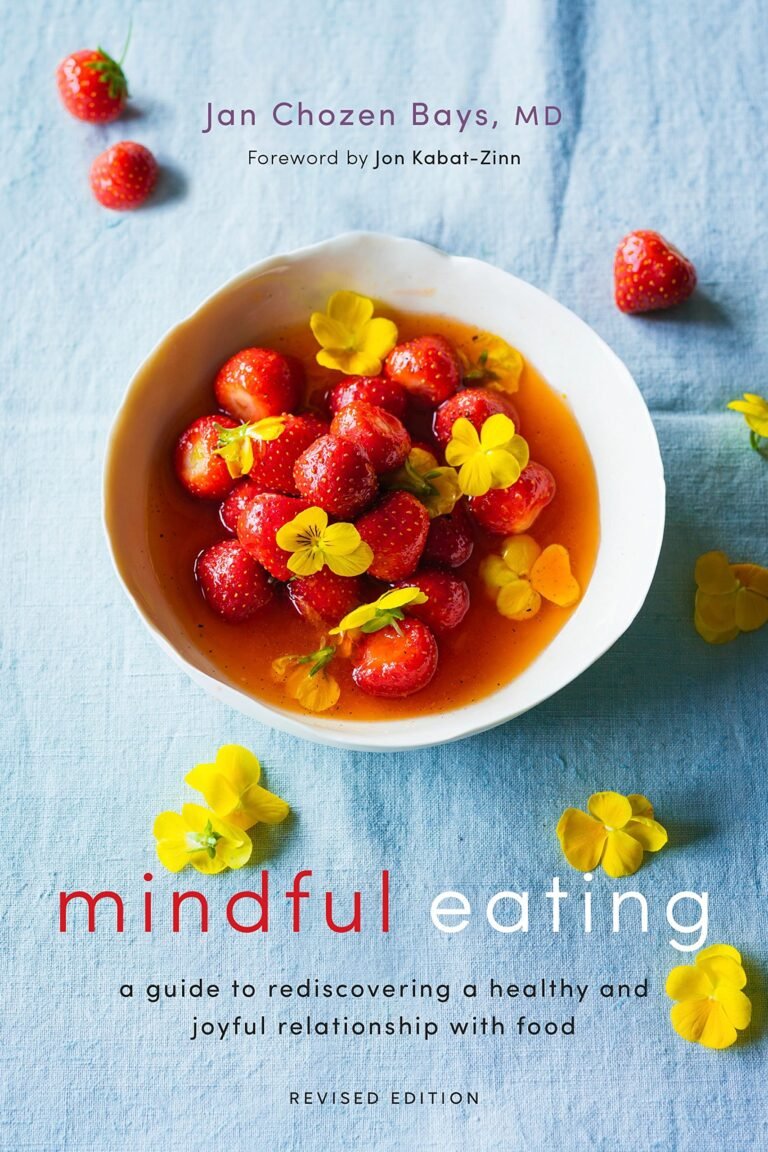 Book cover with strawberries in a bowl, yellow flowers, and the title "Mindful Eating"