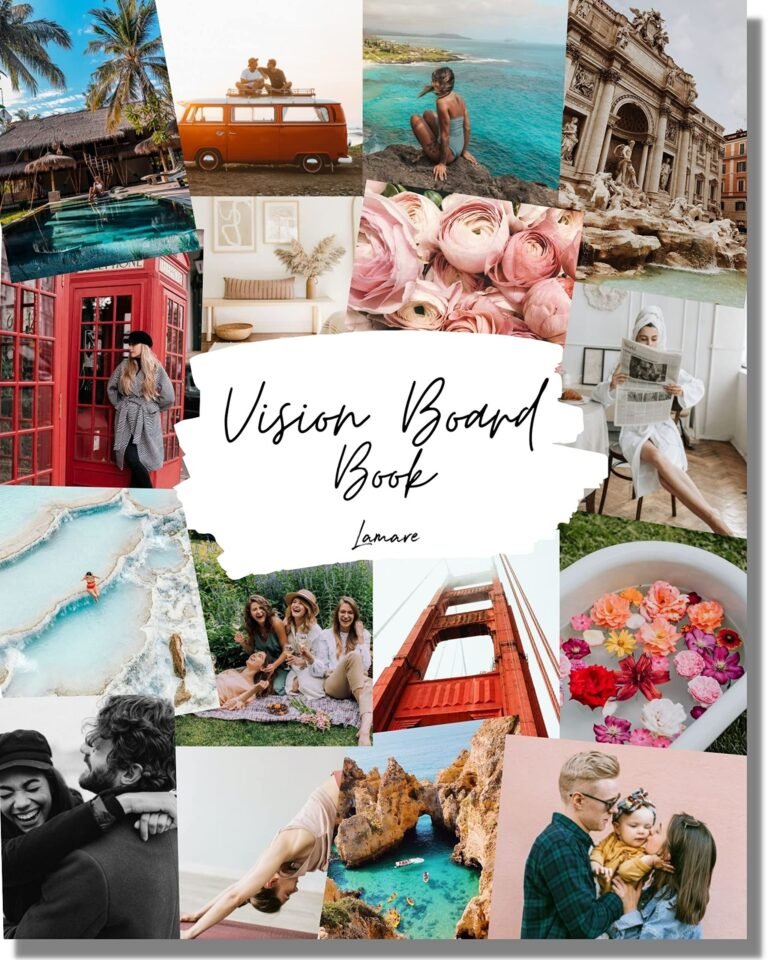 Vision board book with travel, lifestyle, and inspirational images