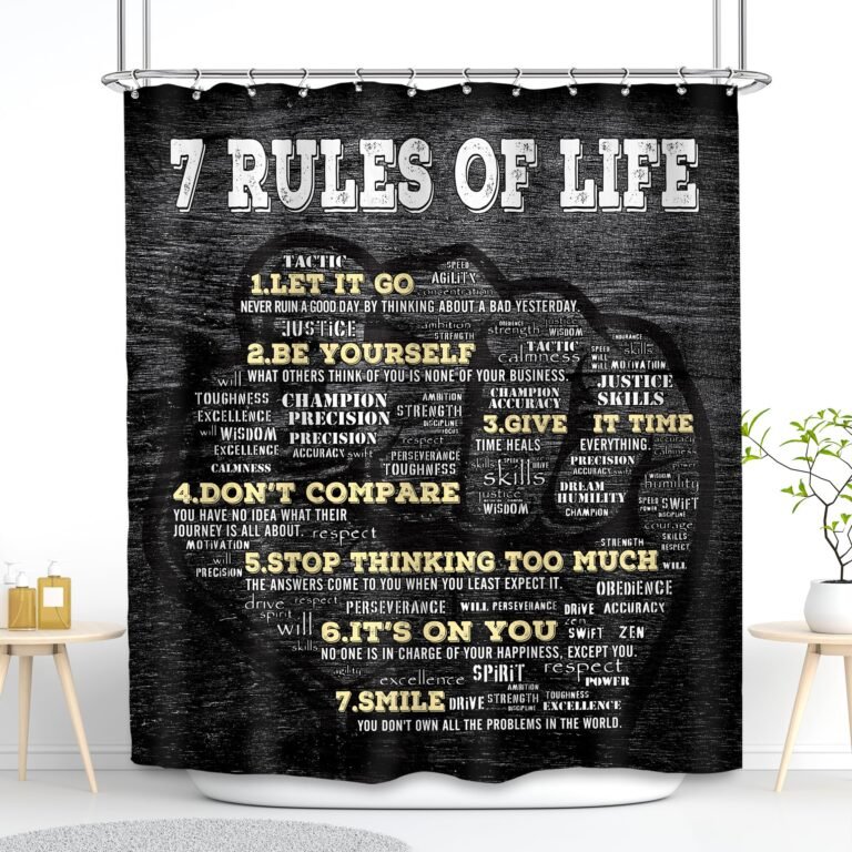 Shower curtain with "7 Rules of Life" text and motivational words on black background